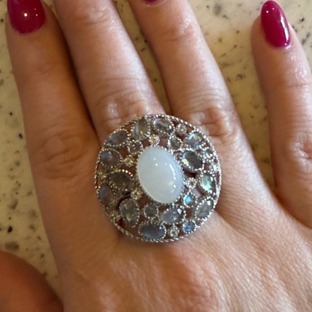 Vintage Sterling Silver 925 Moonstone & Labradorite Cluster Ring Size 9